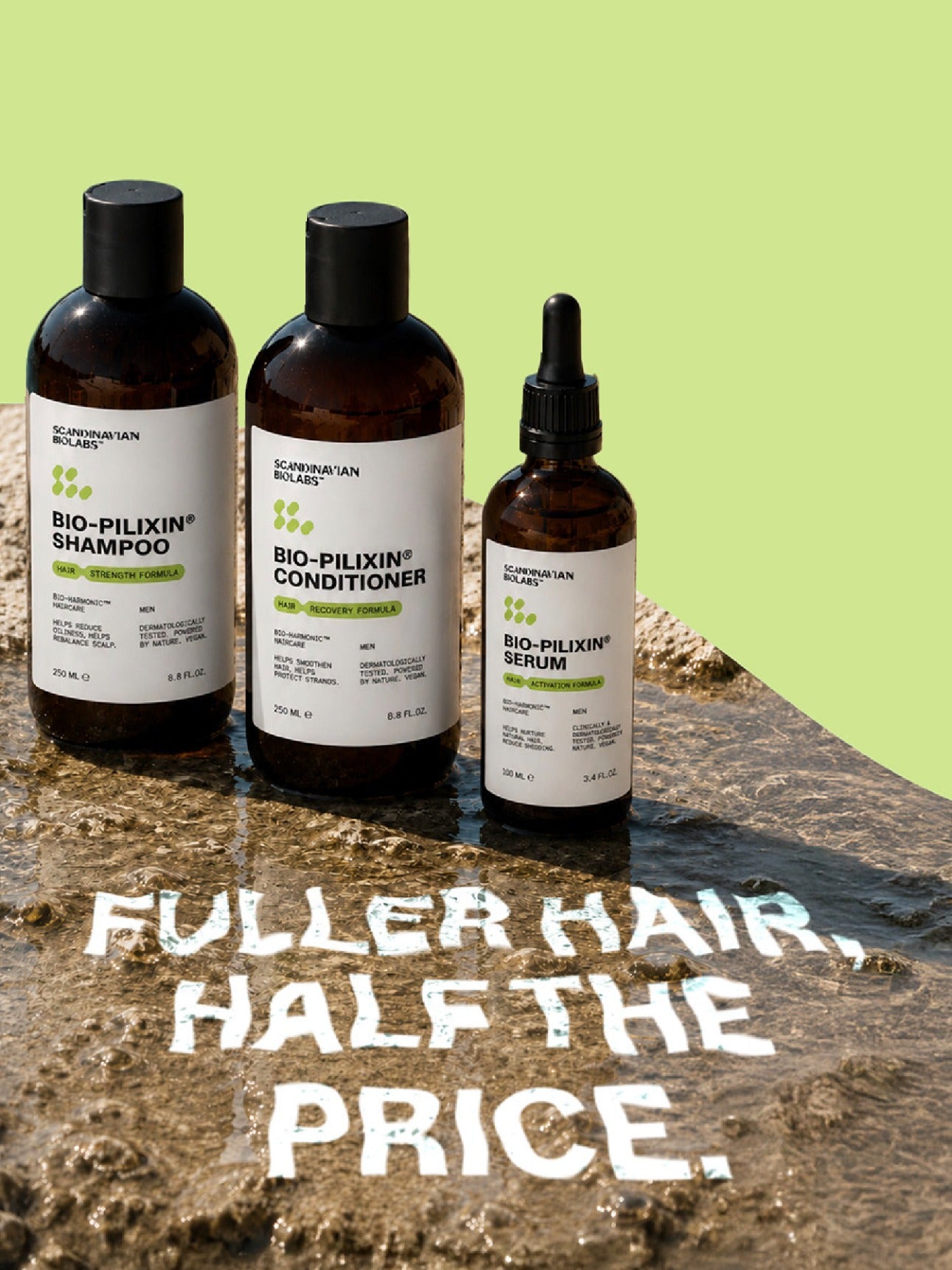 Fyldigere hår til den halve pris. Bio-Pilixin shampoo, balsam og serum på en våd klippe ved havet.